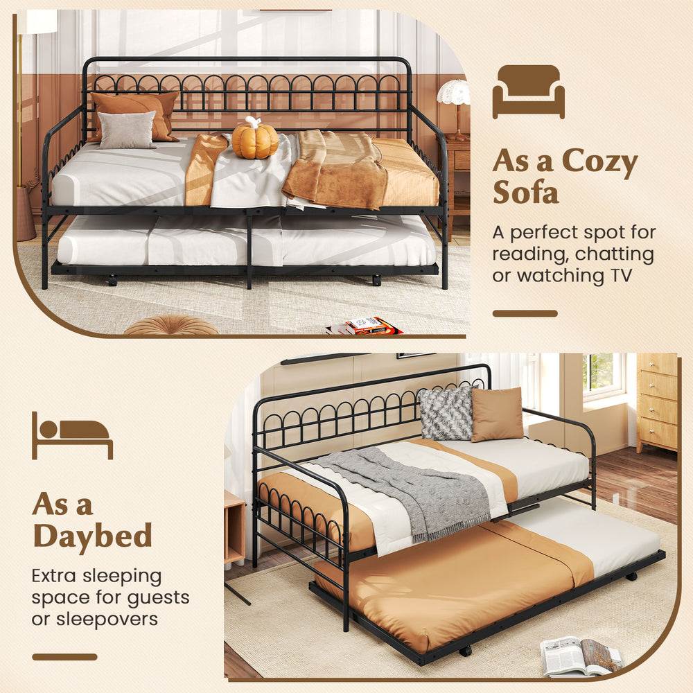 Twin daybed with curved backrest and armrests, perfect as a cozy sofa or extra sleeping space for guests.
