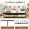Close-up of the black twin daybed's curved backrest and armrests, featuring sturdy metal slats for enhanced support.