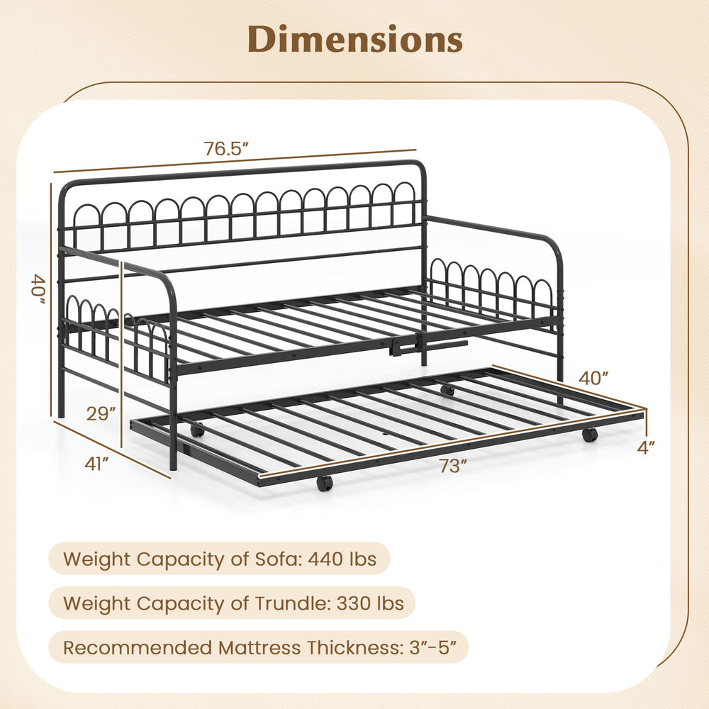 Twin daybed with curved backrest and armrests, black metal, includes pull-out trundle for space-saving sleeping.