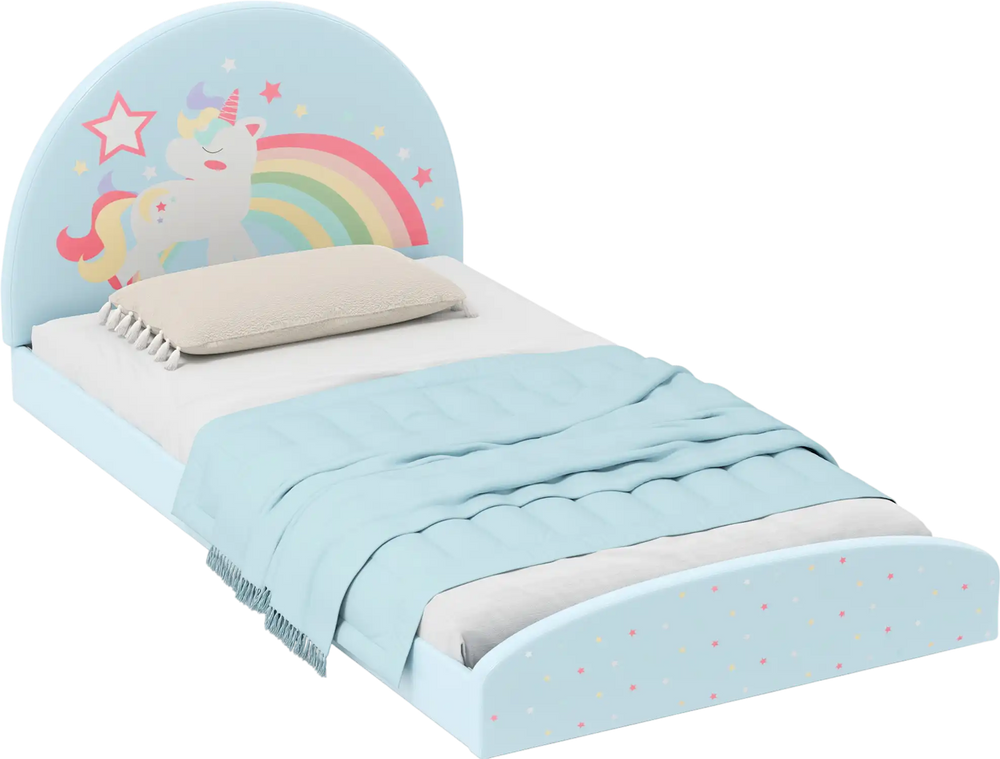 Twin floor bed frame with unicorn design, soft-padded headboard, and 210D Oxford cloth mat for kids' independence.