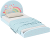 Twin floor bed frame with unicorn design, soft-padded headboard, and 210D Oxford cloth mat for kids' independence.