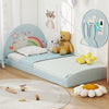 Twin floor bed frame with a unicorn design, soft headboard, and included 210D Oxford cloth mat for kids' comfort.