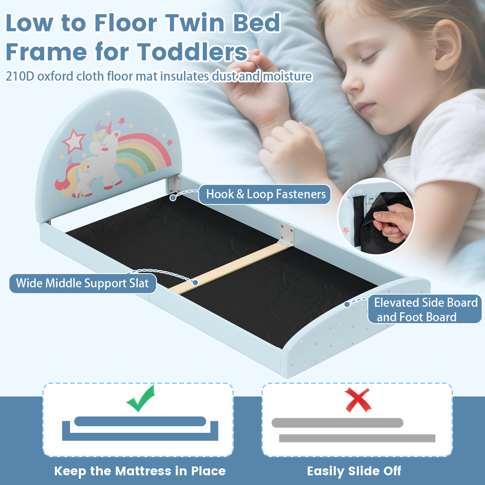 Twin floor bed frame with unicorn design, 210D oxford cloth mat, and elevated side boards for toddler independence.