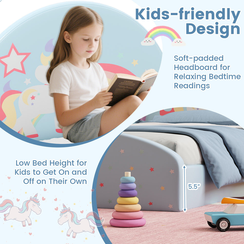 Twin floor bed frame with soft-padded headboard and unicorn patterns, designed for kids' independence and comfort.