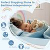 Upholstered twin floor bed frame in blue with rainbow patterns, ideal for kids' bedtime independence and comfort.