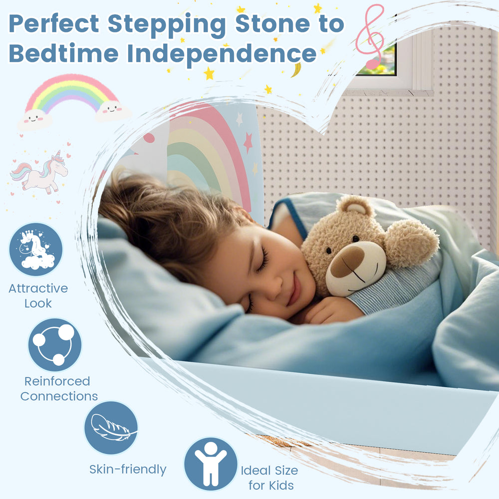 Upholstered twin floor bed frame in blue with rainbow patterns, ideal for kids' bedtime independence and comfort.