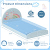 Twin floor bed frame with unicorn design, sturdy MDF, soft headboard, and 210D oxford cloth mat for kids' independence.