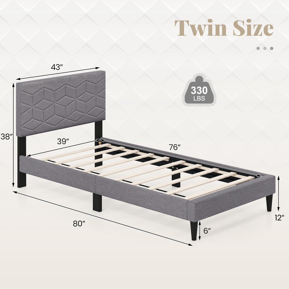 Twin size bed frame with upholstered headboard, geometric quilting, and sturdy LVL slats for modern bedroom decor.