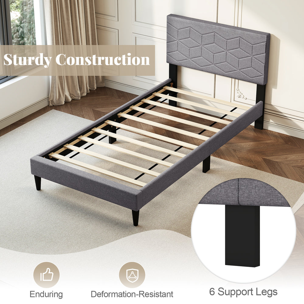 Twin size bed frame with upholstered linen headboard, sturdy LVL slats, and 6 support legs for modern bedroom style.