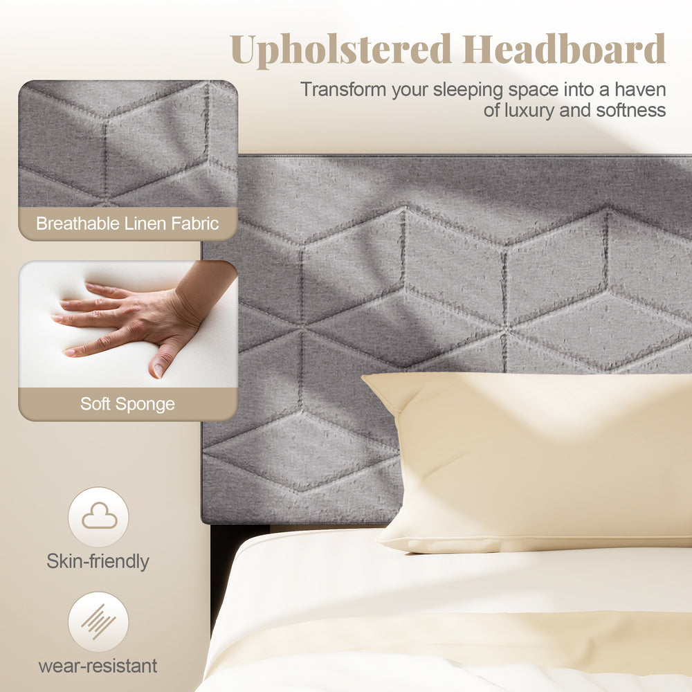 Linen fabric upholstered headboard with geometric quilting, soft sponge padding for comfort, ideal for modern bed.