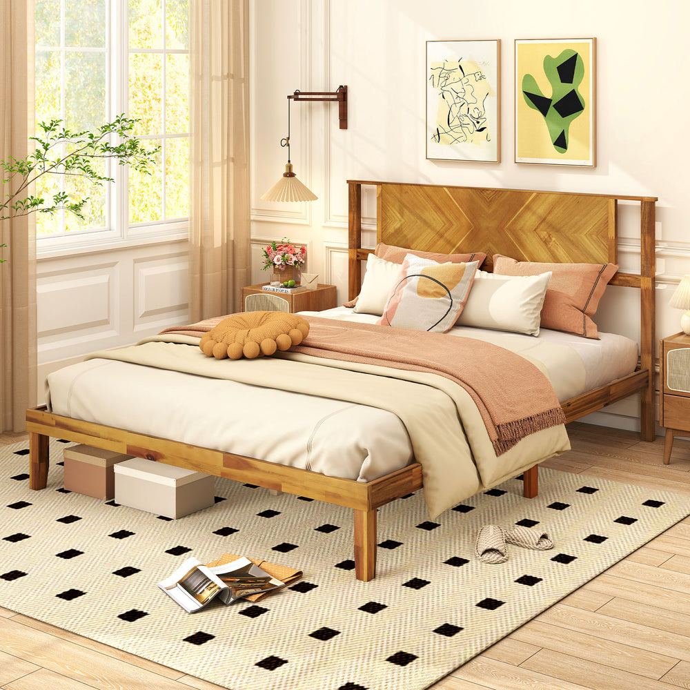 Twin/Full/Queen Size Bed Frame Mid-Century Acacia Wood Platform Bed with Headboard-Queen Size - Gallery View 1 of 10