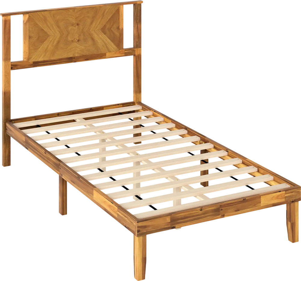 Twin size acacia wood platform bed frame with retro headboard and sturdy plywood slats for stable mattress support.
