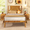 Twin size mid-century acacia wood platform bed frame with retro headboard, showcasing natural craftsmanship and.
