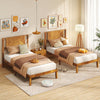 Mid-century twin size bed frame in natural acacia wood with retro headboard, perfect for stylish bedroom decor.