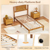 Twin size acacia wood platform bed frame with retro headboard, 12 plywood slats, and adjustable foot pads for stability.