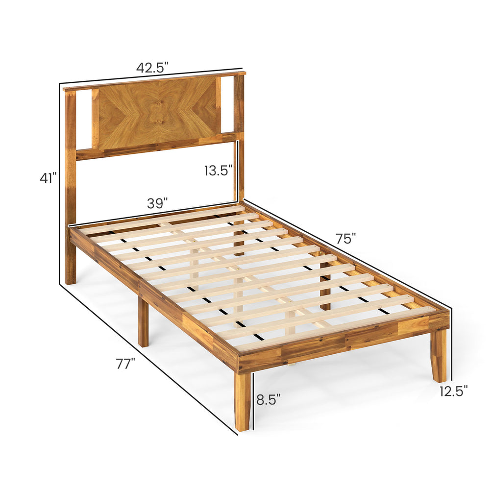 Twin size mid-century acacia wood platform bed frame with retro headboard, featuring 12 sturdy slats for mattress.