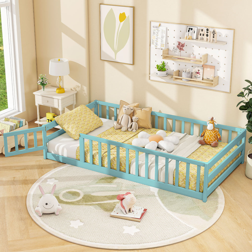 Twin Size Montessori Floor Bed Frame with Full Length Safety Guardrails-Dark Green - Gallery View 1 of 10
