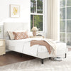 Beige twin size upholstered platform bed frame with chevron headboard, featuring a modern design and ample under-bed.