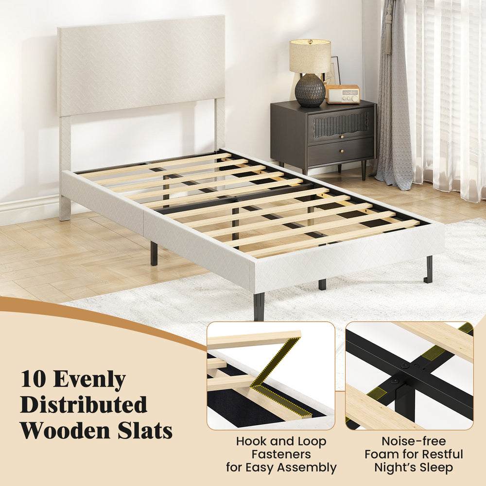 Twin size velvet bed frame with chevron headboard, featuring 10 wooden slats for strong support and noise-free foam for.