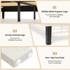 Middle metal support legs of the beige velvet bed frame enhance stability and strength for a reliable sleep experience.