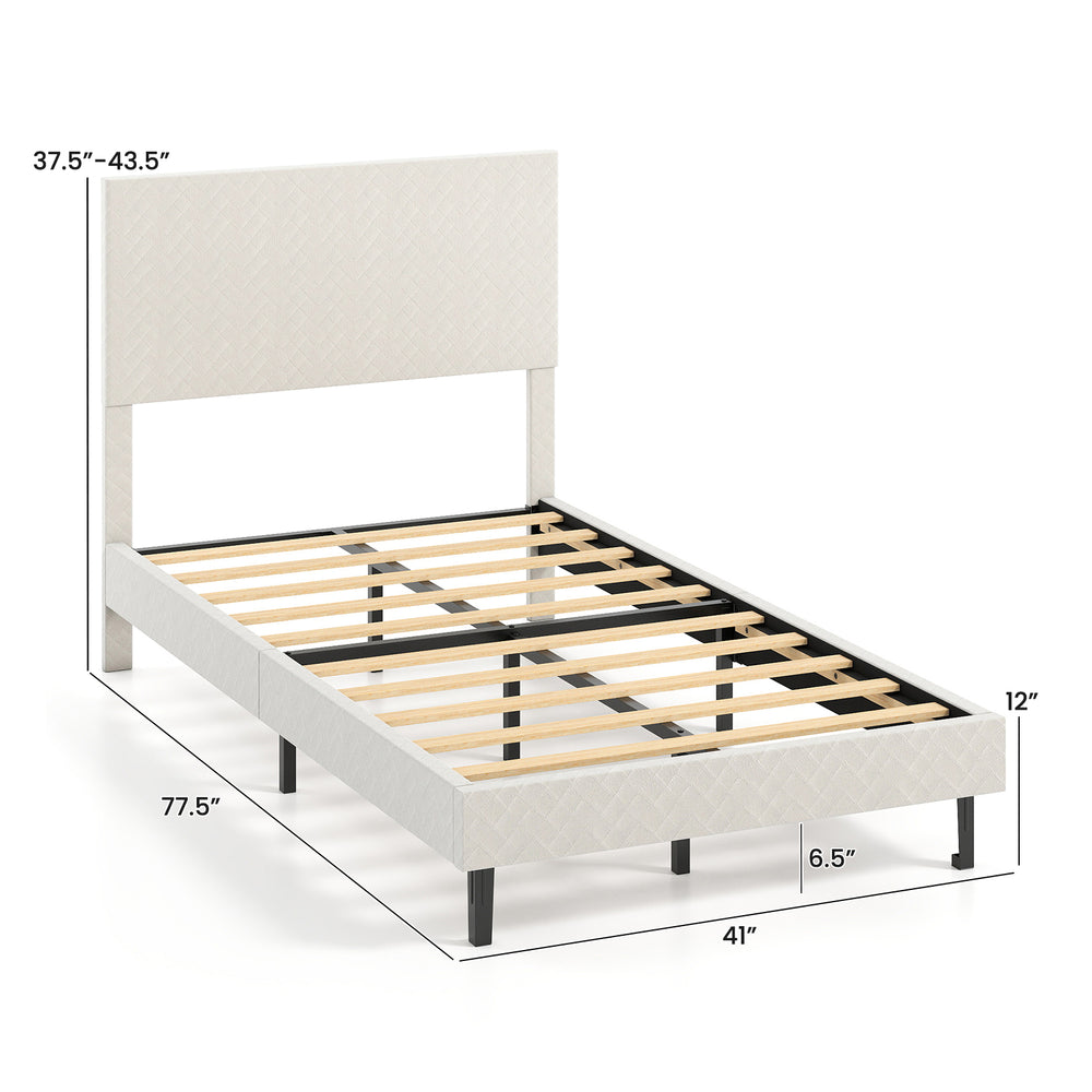 Twin size velvet bed frame with adjustable chevron headboard, beige upholstery, and sturdy wooden slats for support.