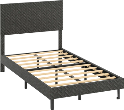 Costway Velvet Upholstered Platform Bed Frame Chevron Headboard Gray 41886378 New