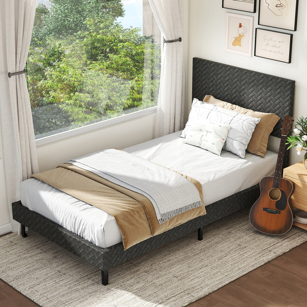 Gray twin size velvet bed frame with chevron headboard, featuring adjustable height and modern design for stylish.