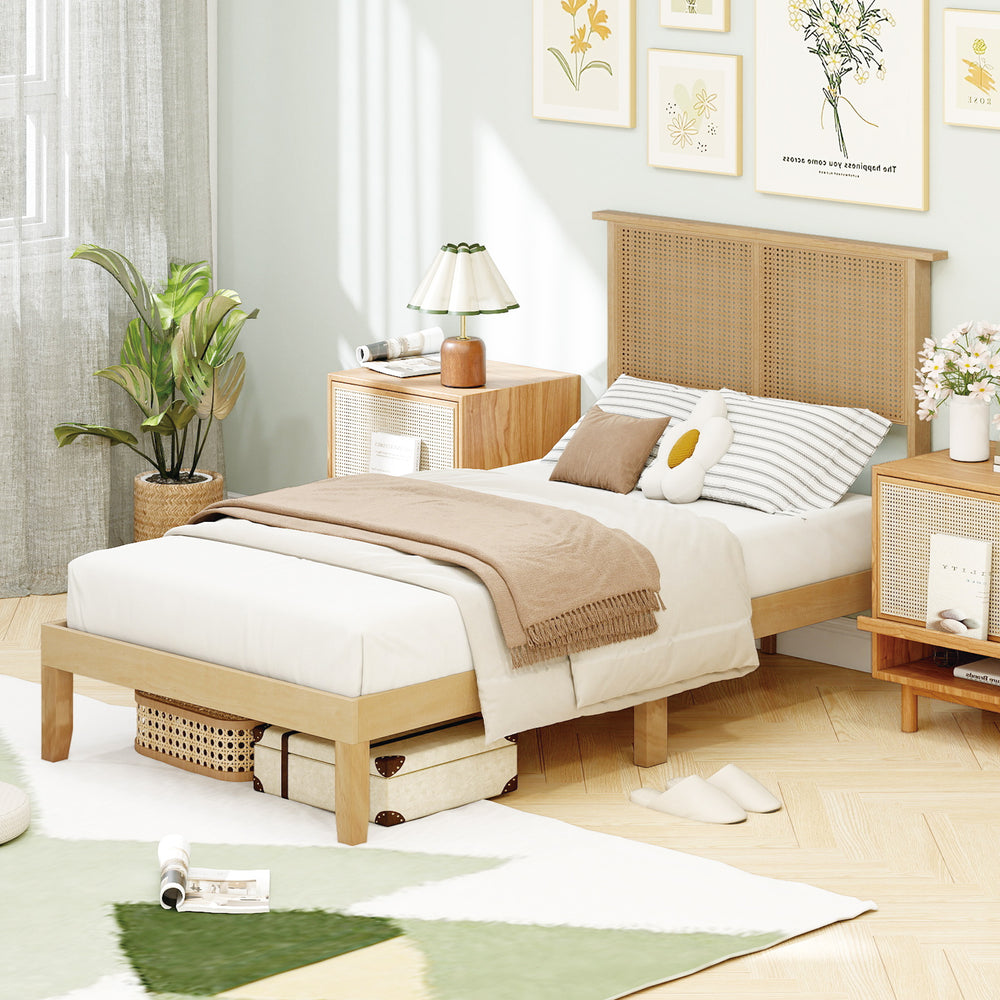 Twin/Full/Queen Size Bed Frame with Rattan Headboard-Twin Size - Gallery View 1 of 10