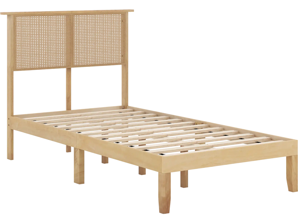 Twin size bed frame with boho rattan headboard, solid rubber wood legs, and sturdy plywood slats for mattress support.