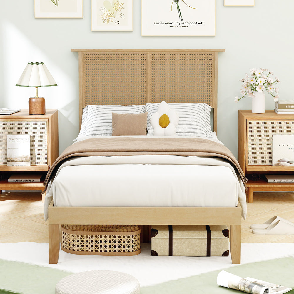 Twin size bed frame featuring a boho rattan headboard and solid wood legs, providing a rustic touch and under-bed.