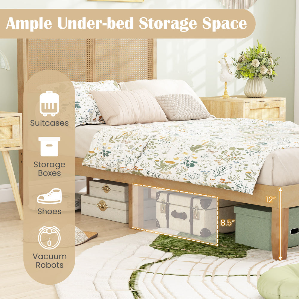 Twin/Full/Queen size bed frame with rattan headboard, showcasing ample under-bed storage for suitcases and shoes.