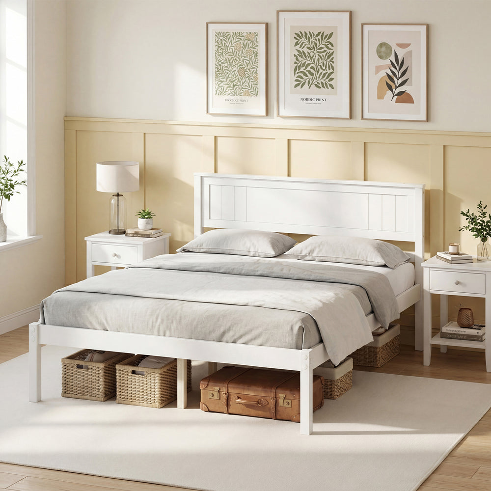 Full-size sturdy wooden bed frame with headboard, slat support, and under-bed storage for a tidy bedroom.