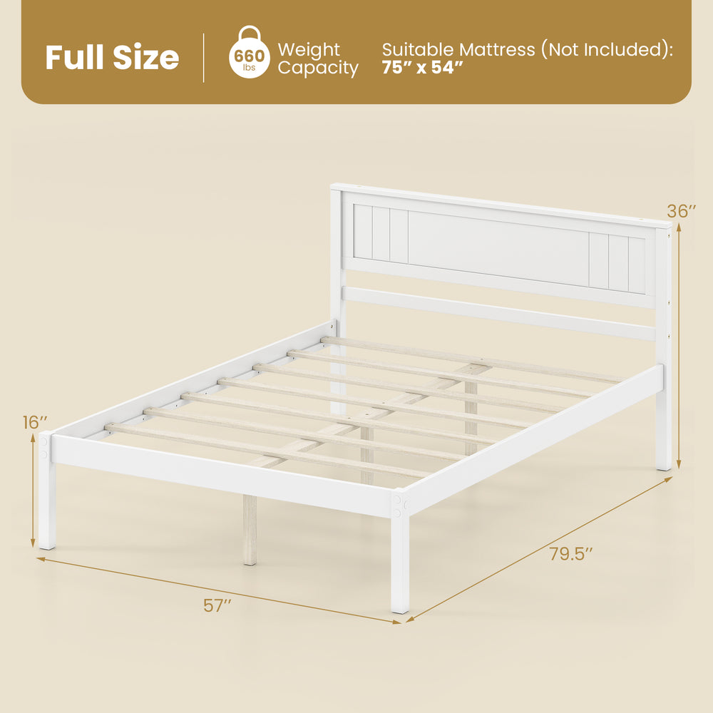 Full size wooden bed frame with headboard, slat support, and 12" under bed storage for tidy rooms.