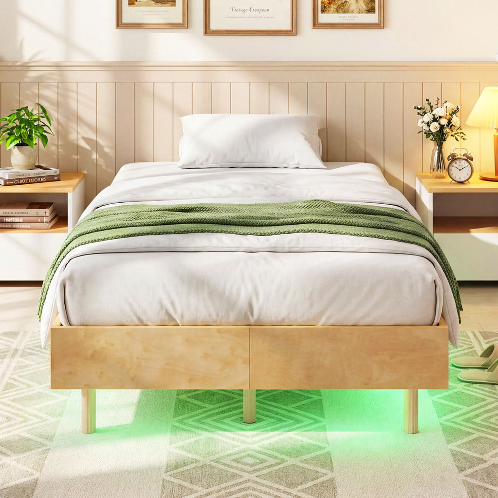 Floating bed frame with LED lights, solid rubber wood legs, and 6-inch clearance for storage in a stylish bedroom.