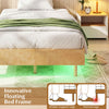 Floating bed frame with hidden support legs and RGB LED lights, perfect for creating a captivating bedroom atmosphere.
