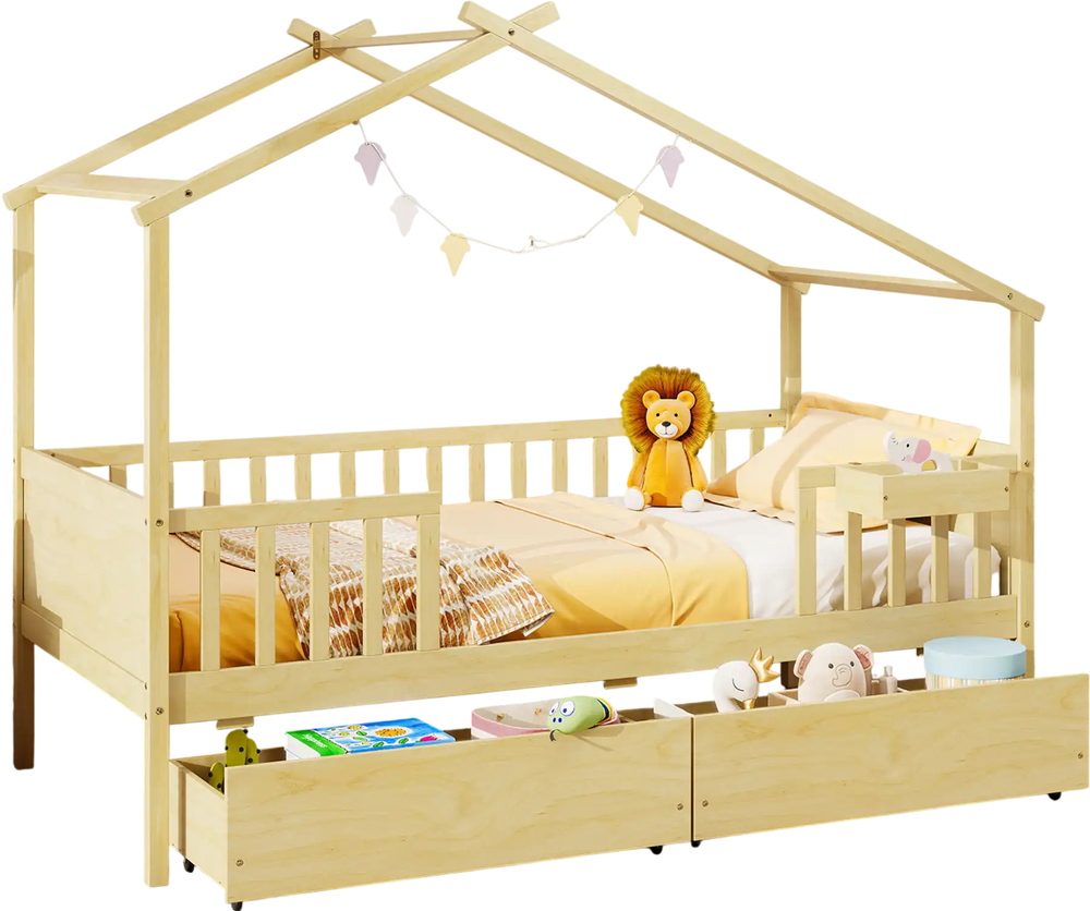 Twin house bed with roof and fence rails in natural wood, featuring two storage drawers for toys and clothing.