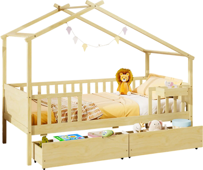 Costway Twin House Bed Frame w/ 2 Storage Drawers Roof Fence Rails Natural 36821947 New
