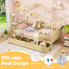 Twin house bed in natural wood with roof, fence rails, and two storage drawers for imaginative bedroom themes.
