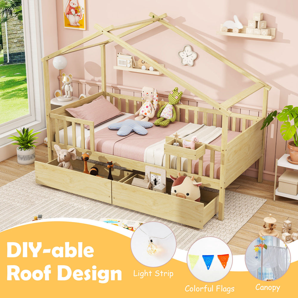 Twin house bed in natural wood with roof, fence rails, and two storage drawers for imaginative bedroom themes.