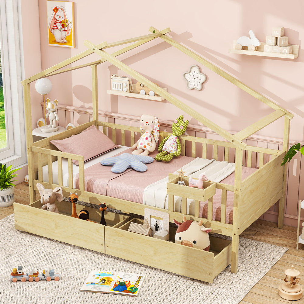 Twin house bed featuring a whimsical design with protective fence rails and smooth rolling casters for easy movement.