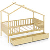Twin house bed in natural wood with roof, fence rails, and two storage drawers for organized bedroom space.