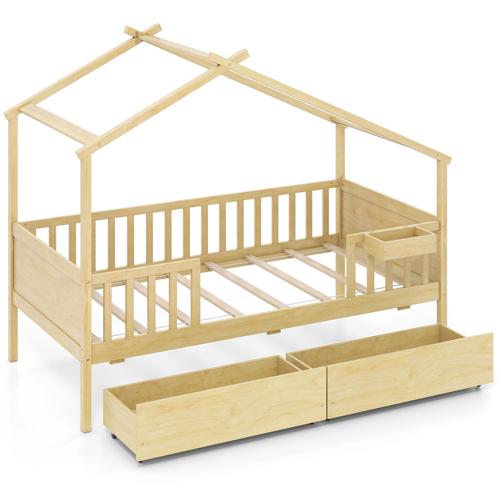Twin house bed in natural wood with roof, fence rails, and two storage drawers for organized bedroom space.