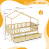 Twin house bed in natural wood with roof, fence rails, and two storage drawers for organized children's rooms.