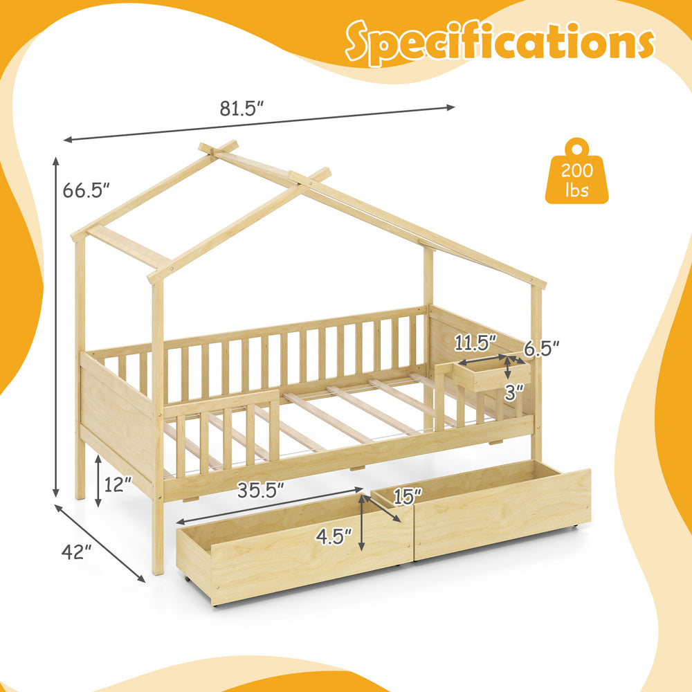 Twin house bed in natural wood with roof, fence rails, and two storage drawers for organized children's rooms.