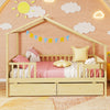 Twin house bed in natural wood with roof and fence rails, featuring two storage drawers for organized bedroom space.