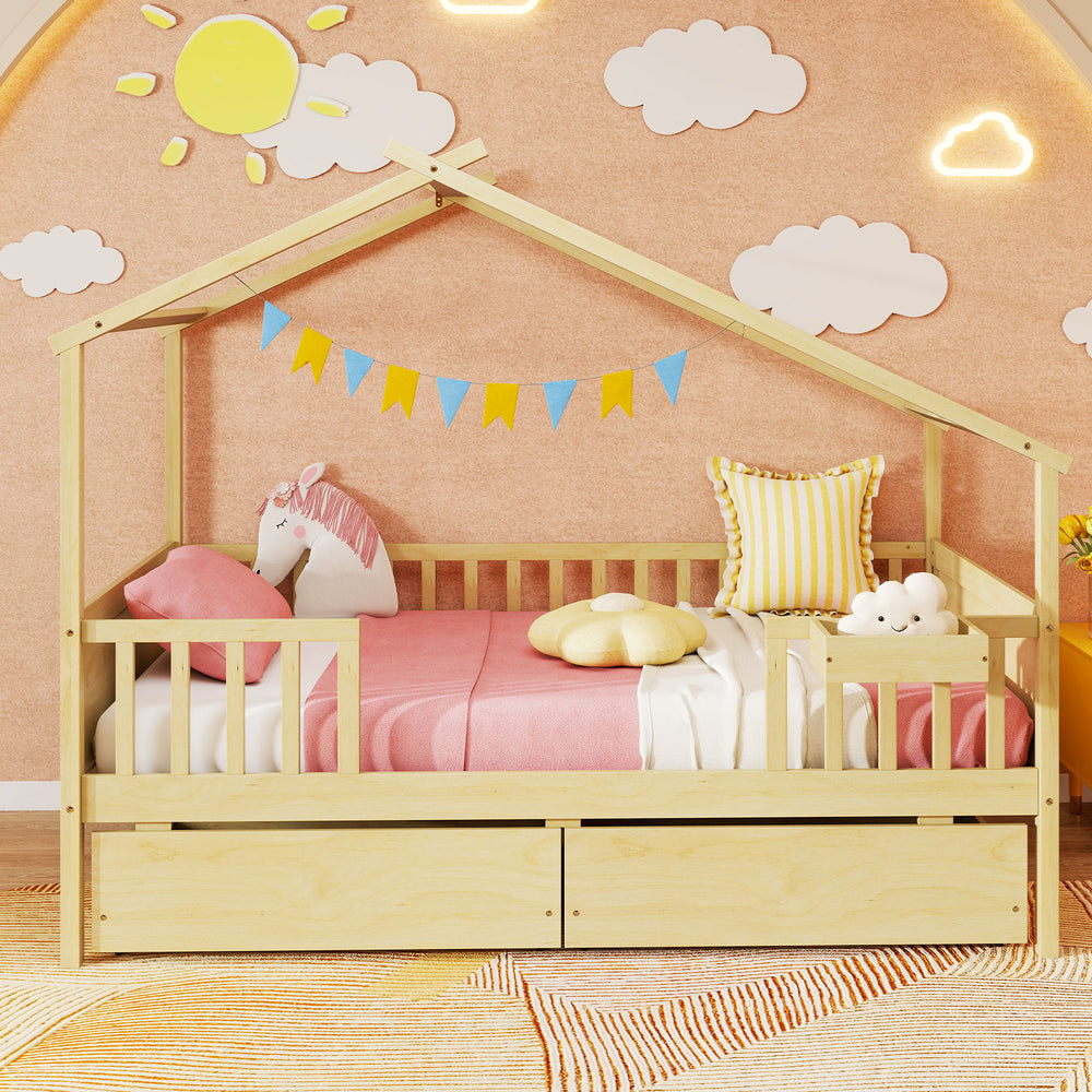 Twin house bed in natural wood with roof and fence rails, featuring two storage drawers for organized bedroom space.