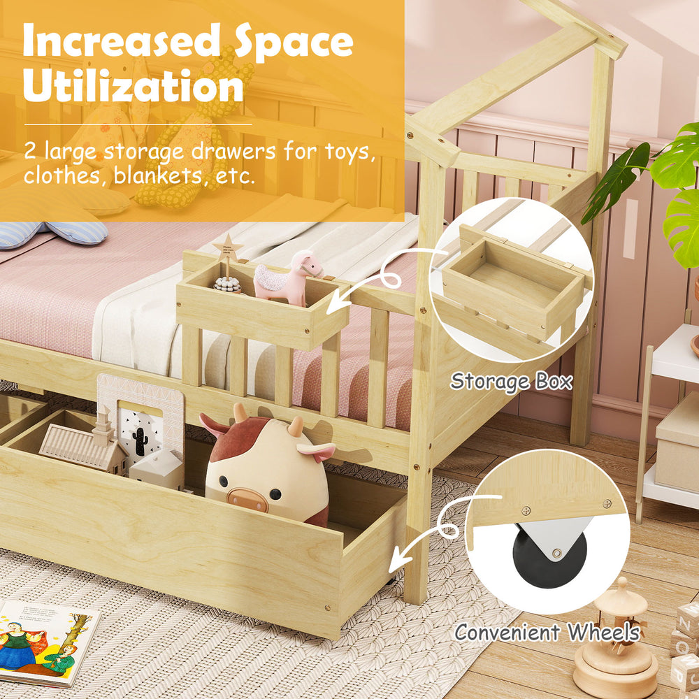 Twin house bed with two large storage drawers and a storage box, perfect for organizing toys and clothes.