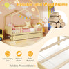 Twin house bed with roof and fence rails in natural wood, featuring two storage drawers for organized space.