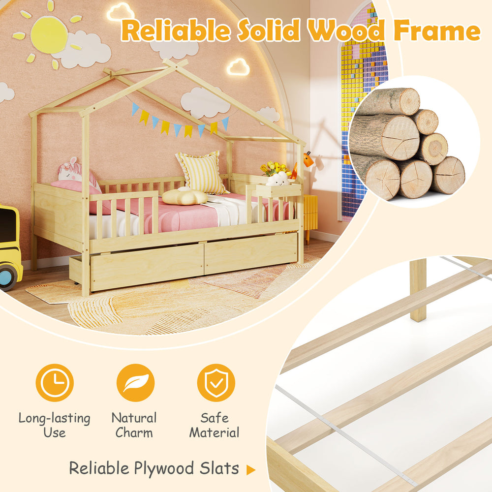 Twin house bed with roof and fence rails in natural wood, featuring two storage drawers for organized space.