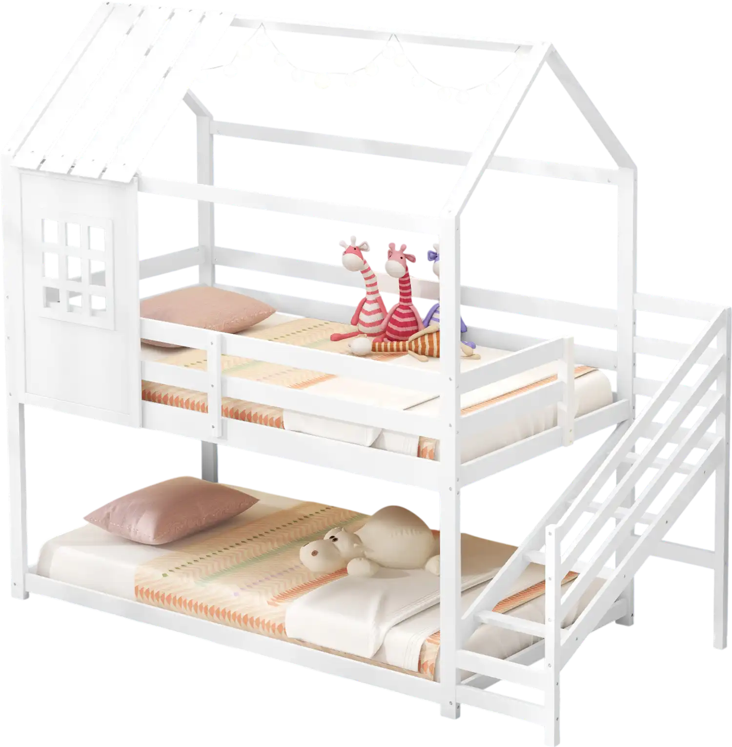 Costway Twin Kids House Bed with Stairs Roof White 82543796 New